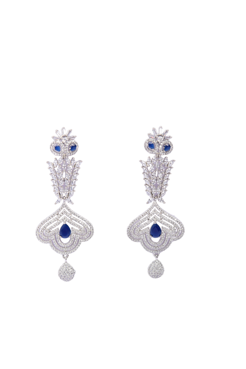 Stunning Rhodium-Plated Sterling Silver Earrings – American Diamond-Styled Drop Earrings with Dark Blue Stones